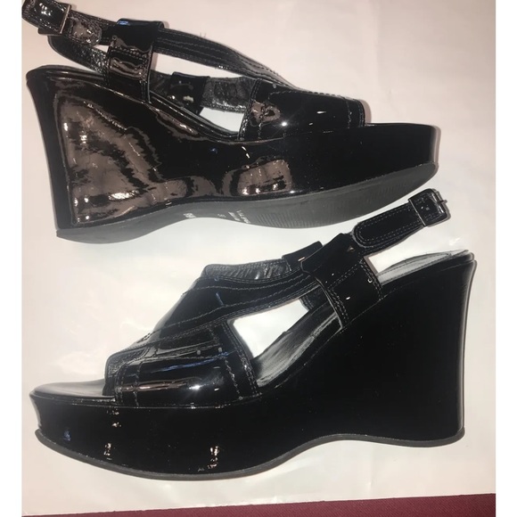 Via Spiga black shiny wedge sandals Strappy open toe ankle strap size 8.5M women - Picture 9 of 14